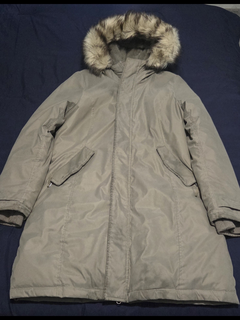 Long Hooded Parka Jacket with Faux Fur Trim - Light Taupe